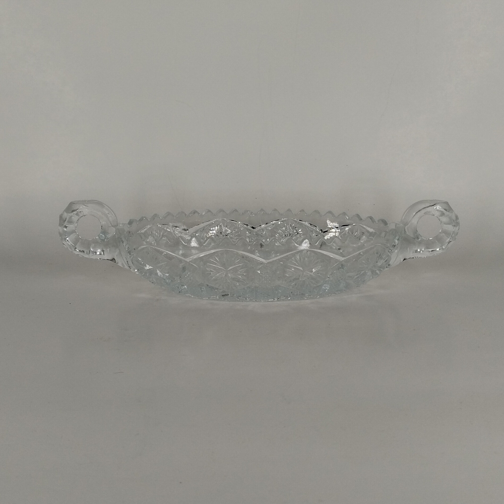 Cut Glass Candy Dish With Handles And Sawtooth Rim 9" Length x 3" Width